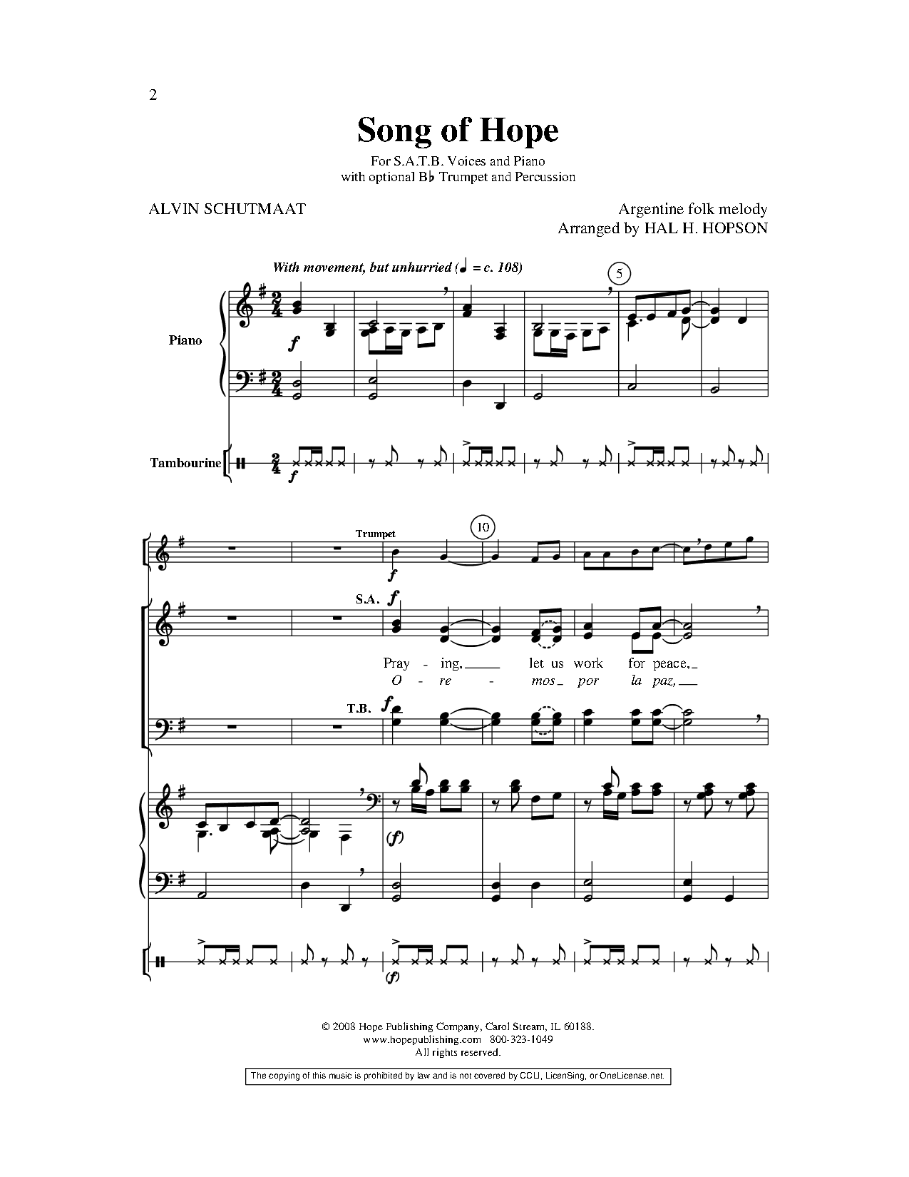 Song of Hope (SATB ) arr. Hal Hopson| J.W. Pepper Sheet Music