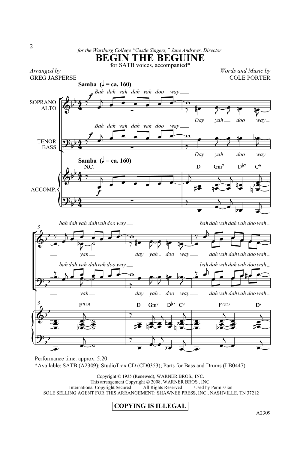 Begin The Beguine Satb By Cole Porter Arr J W Pepper Sheet Music