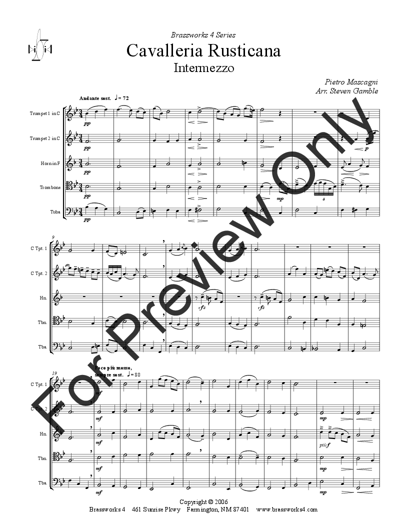Cavalleria Rusticana Brass Quintet 2 C J W Pepper Sheet Music