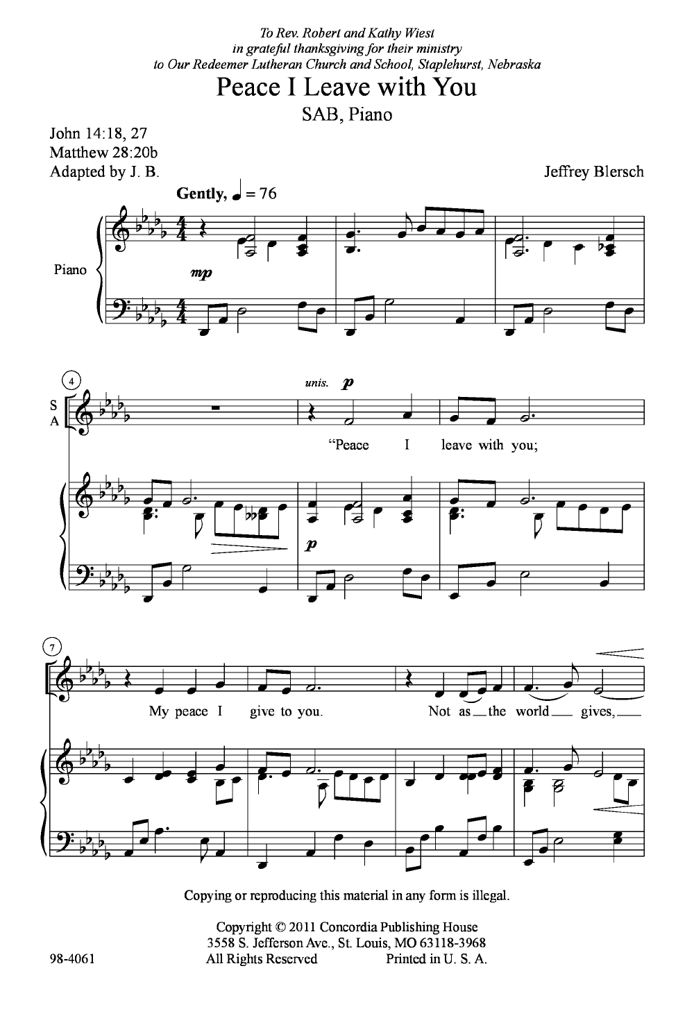 Peace I Leave with You (SAB ) by Jeffrey Bl | J.W. Pepper Sheet Music