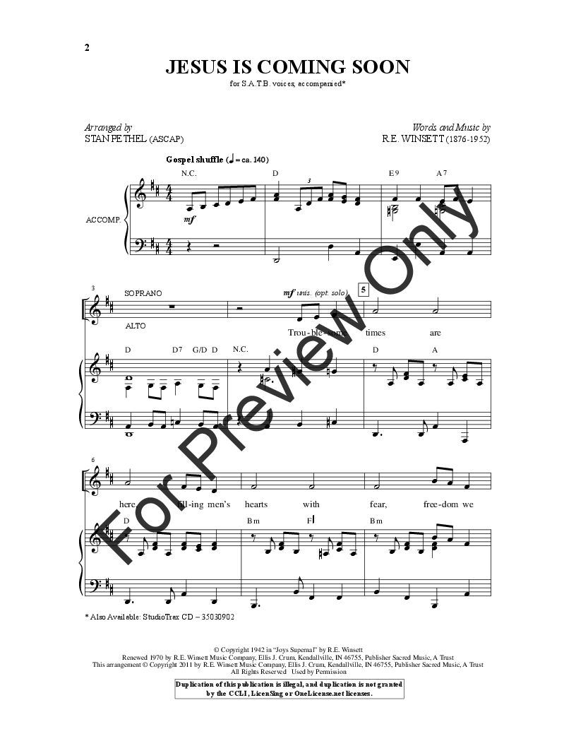 Jesus Is Coming Soon (SATB ) by R.E. Winsett | J.W. Pepper Sheet Music