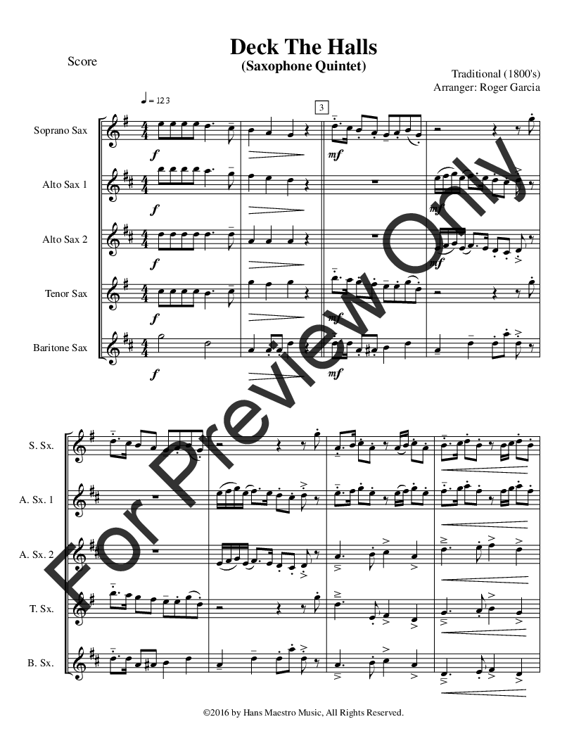 Deck The Halls Saxophone Quintet By J W Pepper Sheet Music