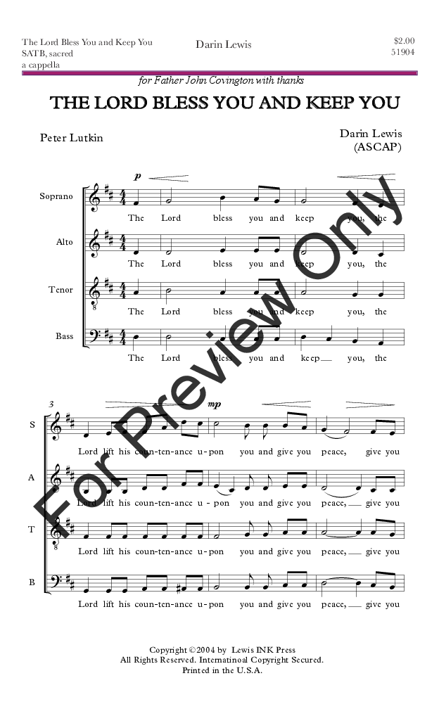 The Lord Bless You And Keep You Satb By D J W Pepper Sheet Music