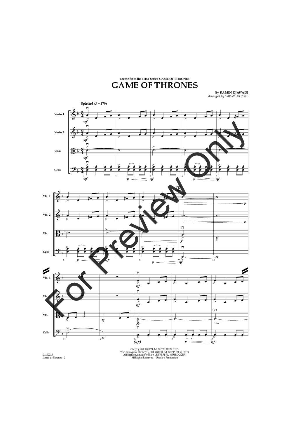 Game Of Thrones 2 Violins Viola Cello Qua J W Pepper Sheet