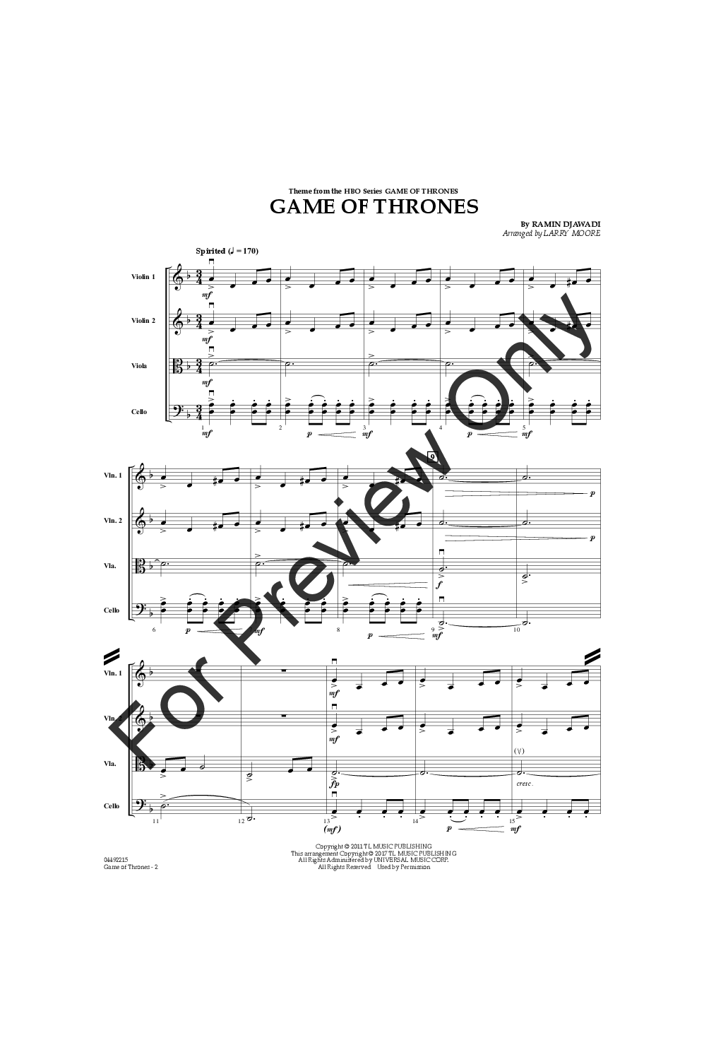 Game Of Thrones 2 Violins Viola Cello Qua J W Pepper Sheet Music