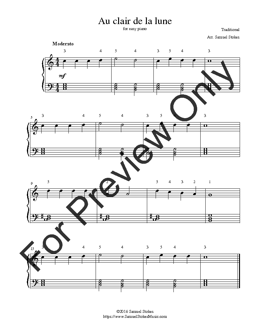 Au Clair De La Lune For Easy Piano By Tradition J W Pepper Sheet Music