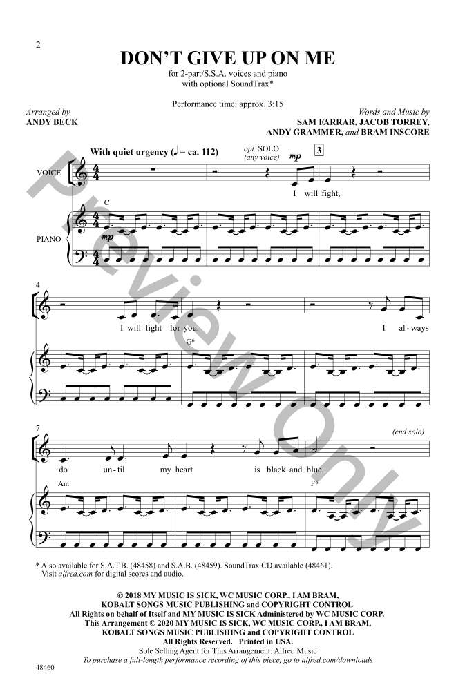 Don't Give Up on Me (Two-Part or SSA) arr. A | J.W. Pepper Sheet Music