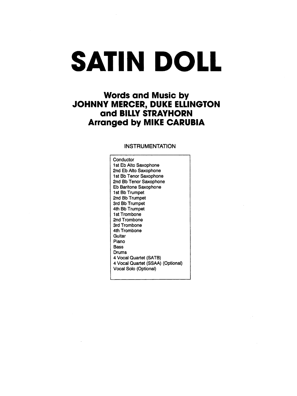 Satin Doll By Ellington Strayhorn Arr Mike Car J W Pepper Sheet Music