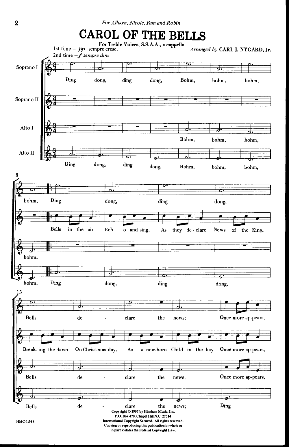 Carol of the Bells (SSAA ) by NYGARD, C J.W. Pepper Sheet Music