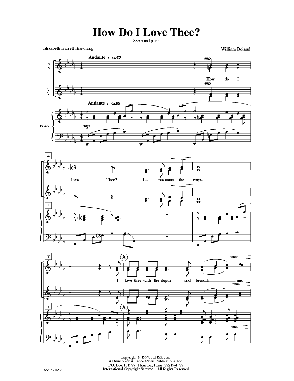 How Do I Love Thee Ssaa By William Boland J W Pepper Sheet Music