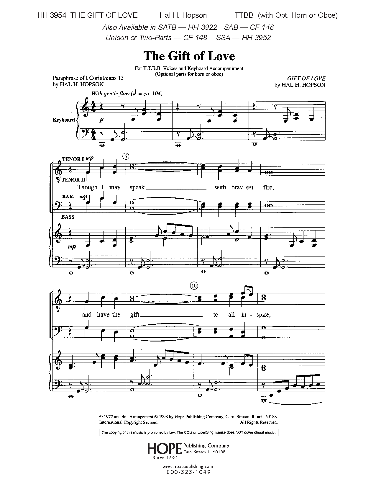 The Gift Of Love (TTBB ) Arr. Hal H. Hopson| J.W. Pepper Sheet Music