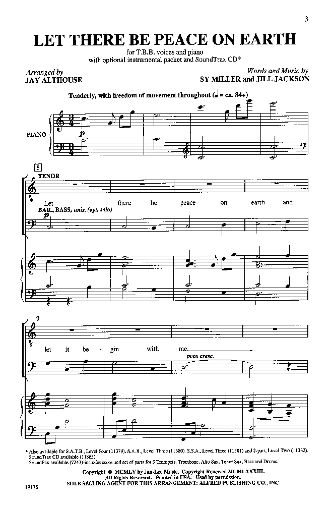 Let There Be Peace on Earth (TBB ) by ALTHOU | J.W. Pepper Sheet Music