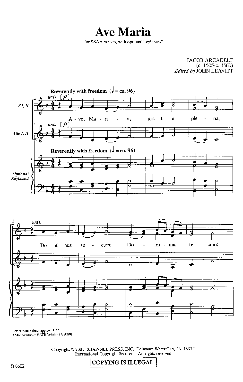 Ave Maria (SSAA ) by Jacob Arcadelt/Leavitt| J.W. Pepper Sheet Music