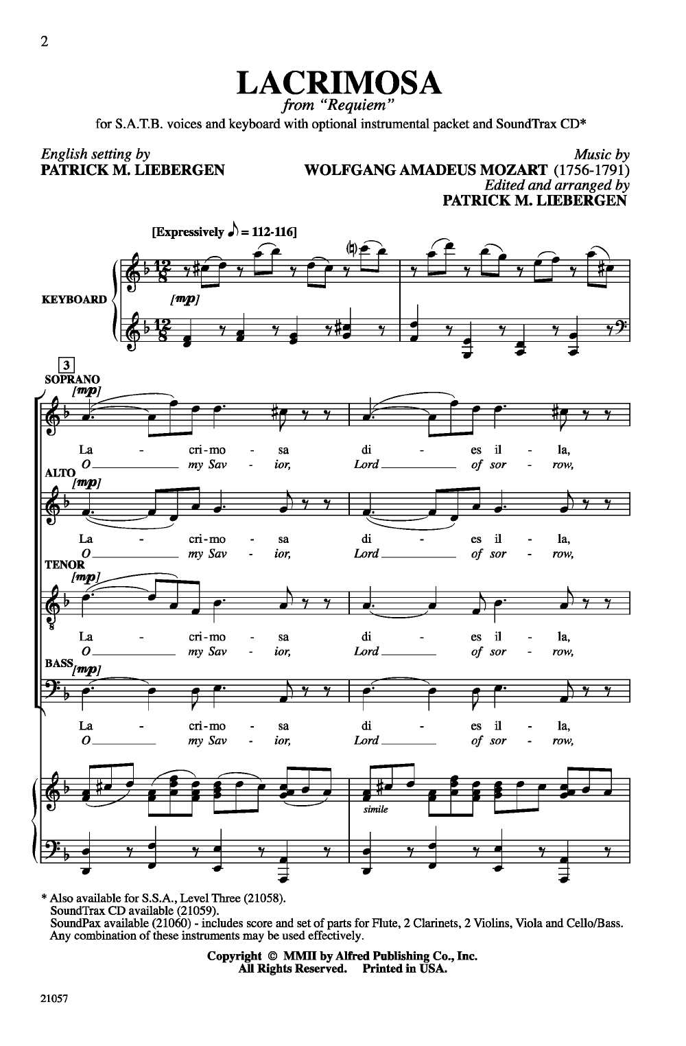 Lacrimosa (SATB ) By Mozart/Liebergen| J.W. Pepper Sheet Music