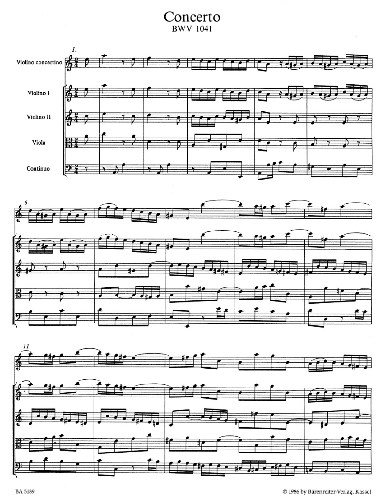 Violin Concerto In A Minor, Bwv 1041 (full Score& 