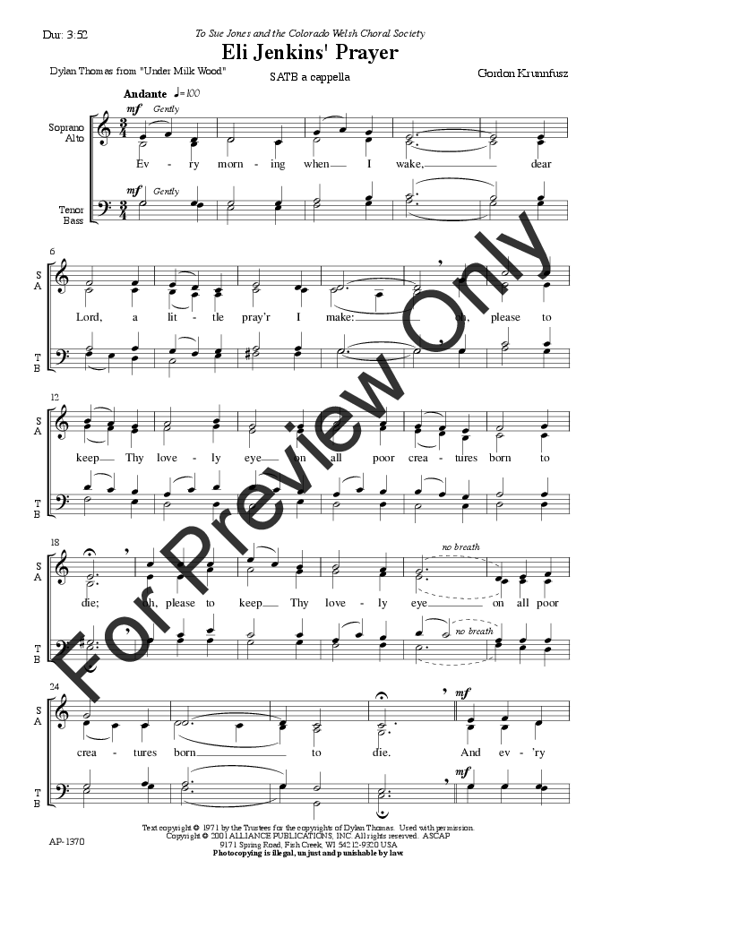 Eli Jenkins Prayer (SATB ) by Gordon Krunnfu | J.W. Pepper Sheet Music