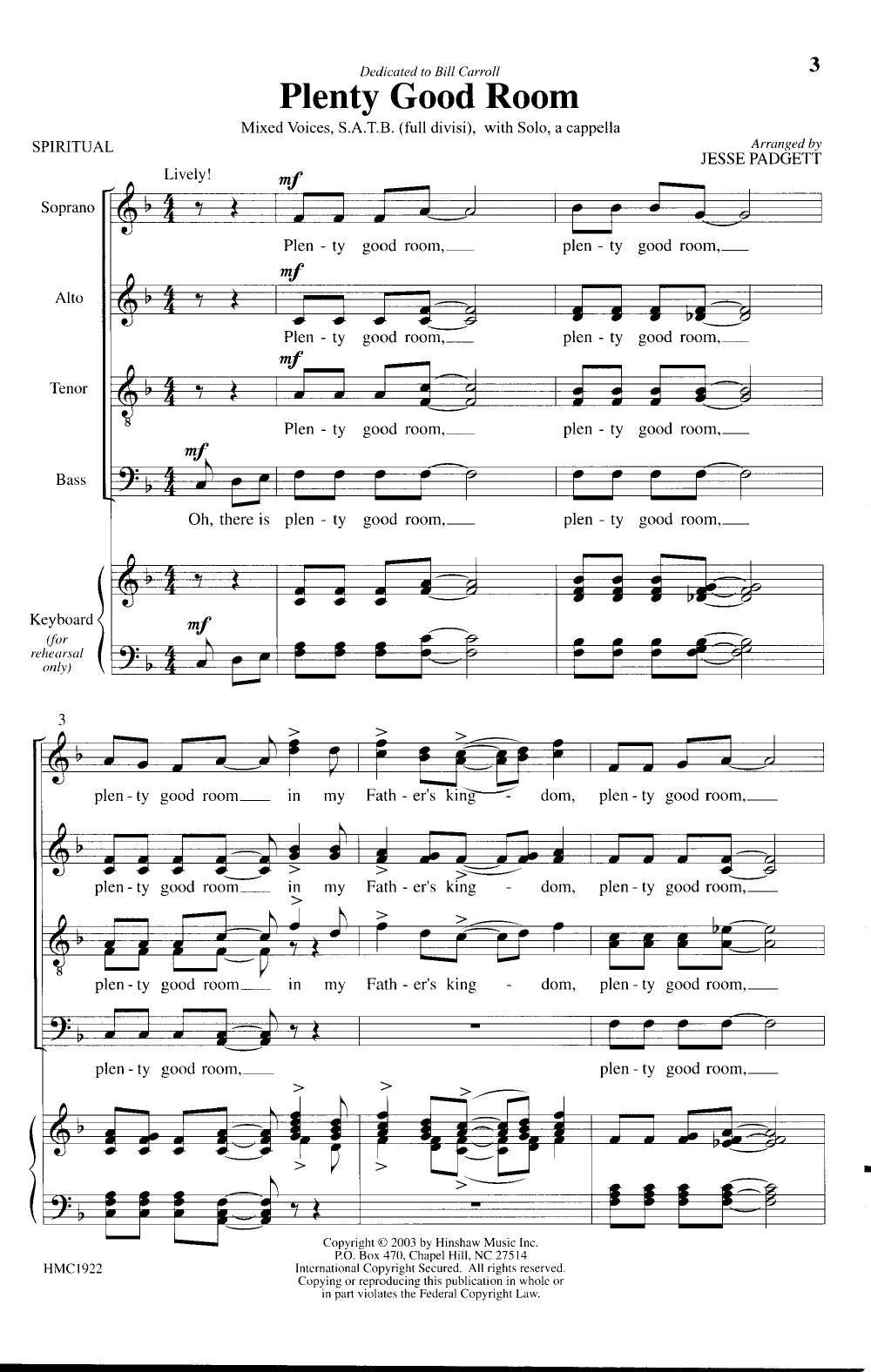 Plenty Good Room Satb By Jesse Padgett Jw Pepper Sheet Music 